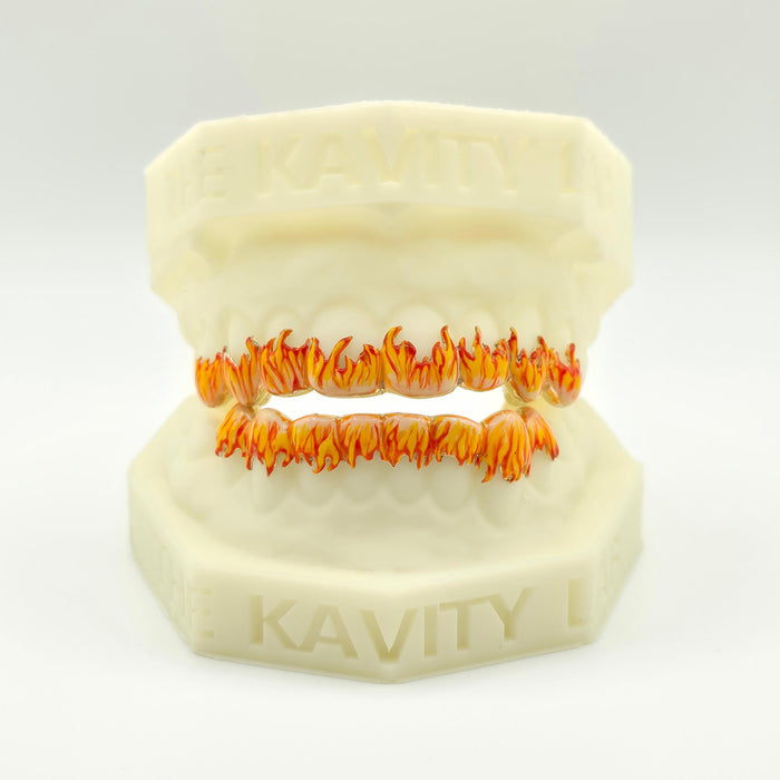 Custom 3D Flame Hand-Painted Fire Enamel Grillz: 925 Sterling Silver (Free Mold Kit)