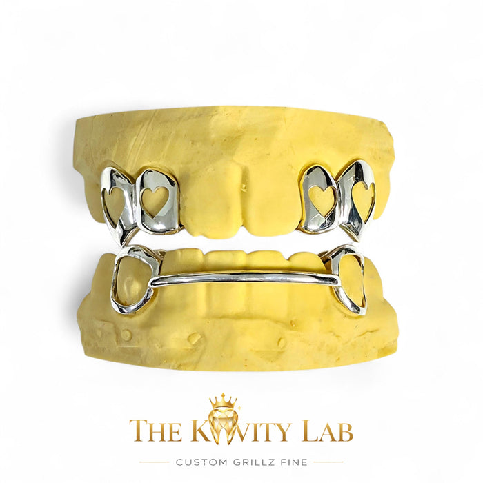 Custom Fit 4pc Top and 6pc Bottom Open Hearts x Middle Front Bar Grillz: 925 Sterling Silver (Free Mold Kit)
