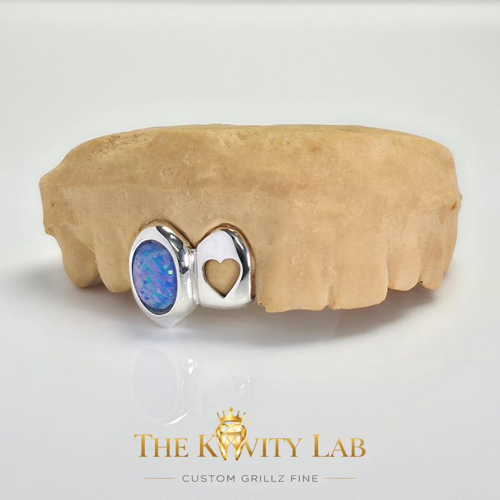 Custom 2pcs Open Heart x Blue Opal Stone Grillz: 925 Sterling Silver (Free Mold Kit)