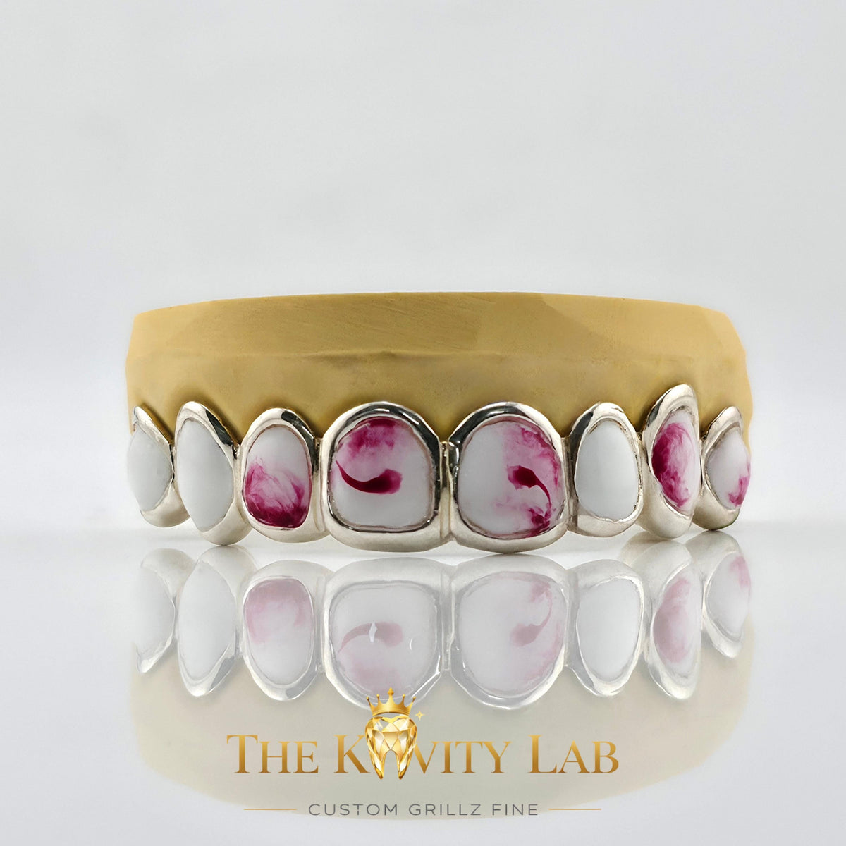 Custom 8pcs Red and White Marble Enamel Grillz: 925 Sterling Silver (Free Mold Kit)