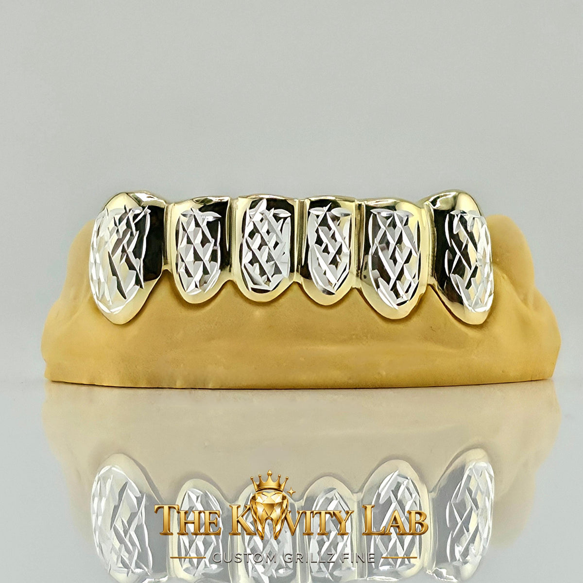 Custom 6pcs Two Tones Diamond Cuts Grillz: 925 Sterling Silver (Free Mold Kit)