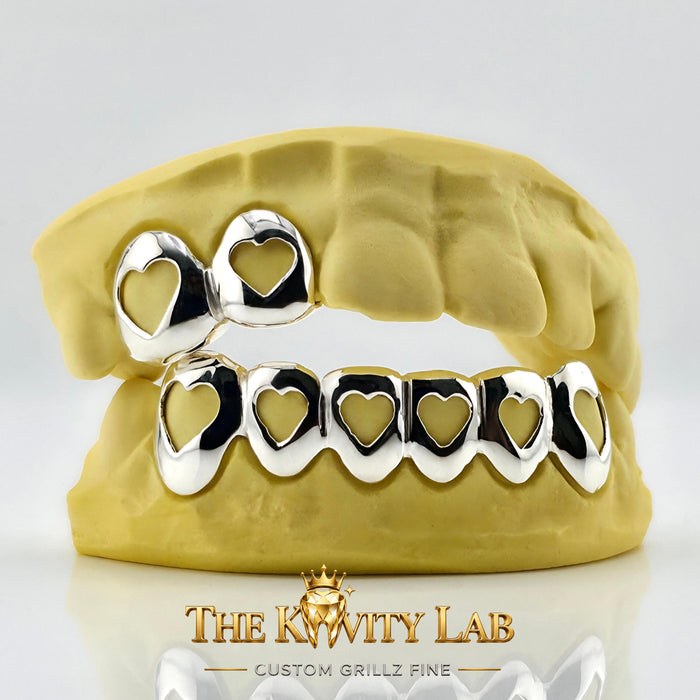 Custom Set 2pc on 6pc Open Hearts Grillz: 925 Sterling Silver (Free Mold Kit)