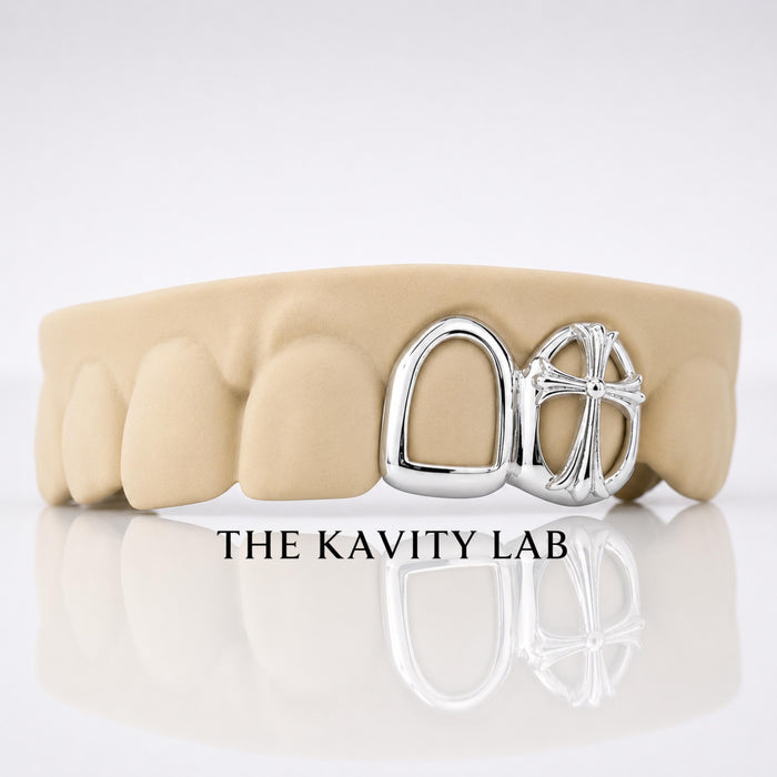 Custom 2pcs Open Face with Cross Grillz: 925 Sterling Silver (Free Mold Kit)