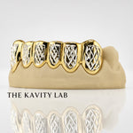 Custom 6pcs Two Tones Diamond Cuts Grillz: 925 Sterling Silver (Free Mold Kit)