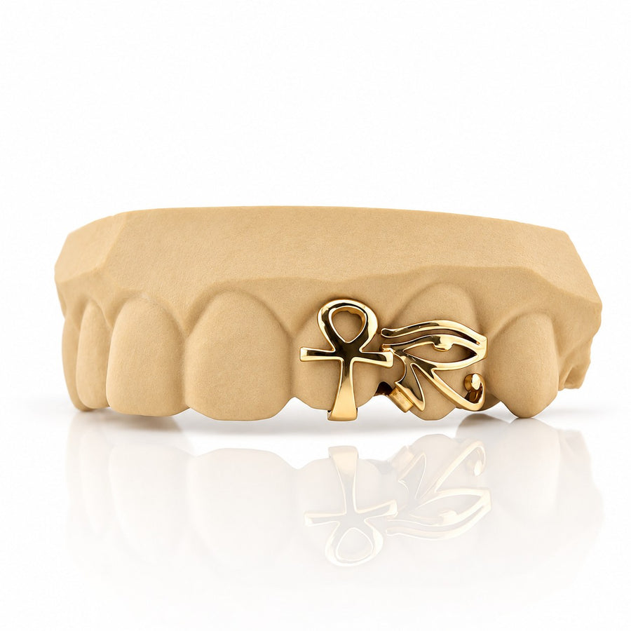 Custom 2pc top grillz with ankh and eye of horus, yellow gold plated 925 silver - angle 1