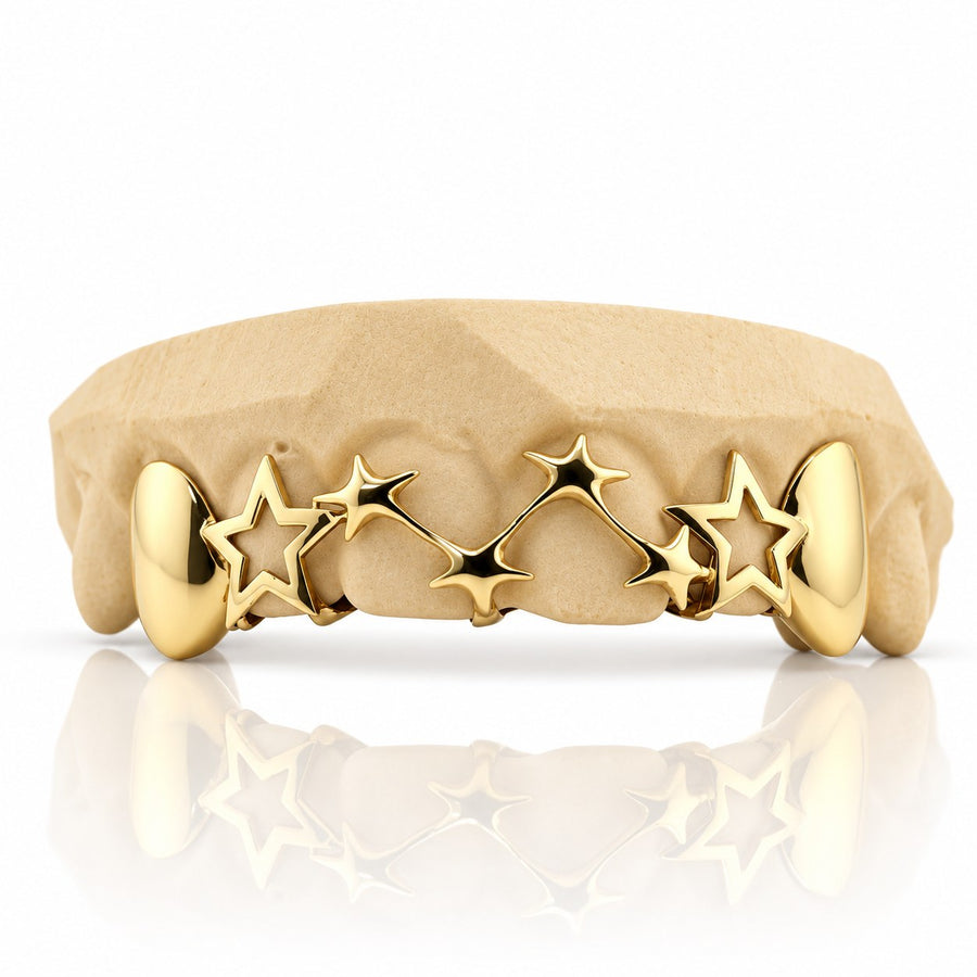 Custom 6pc top grillz with celestial star openwork and solid caps, yellow gold plated 925 silver - angle 1