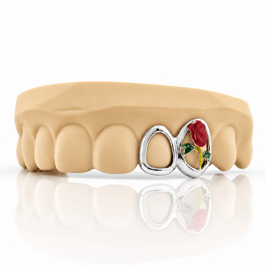 Custom 2pc top grillz with open face and enamel rose, white 925 sterling silver - angle 1