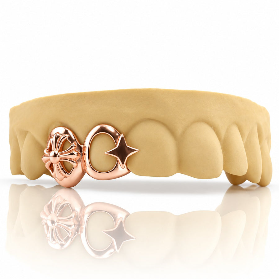 Custom 2pc gothic cross grillz with open crescent and star, rose gold plated 925 silver - angle 1