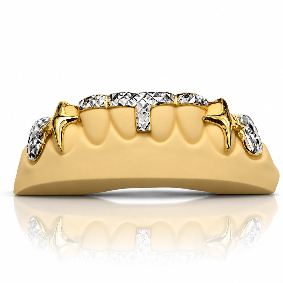 Custom bottom grillz with two tone diamond cut T-bar and fang caps, yellow gold plated 925 silver - angle 1
