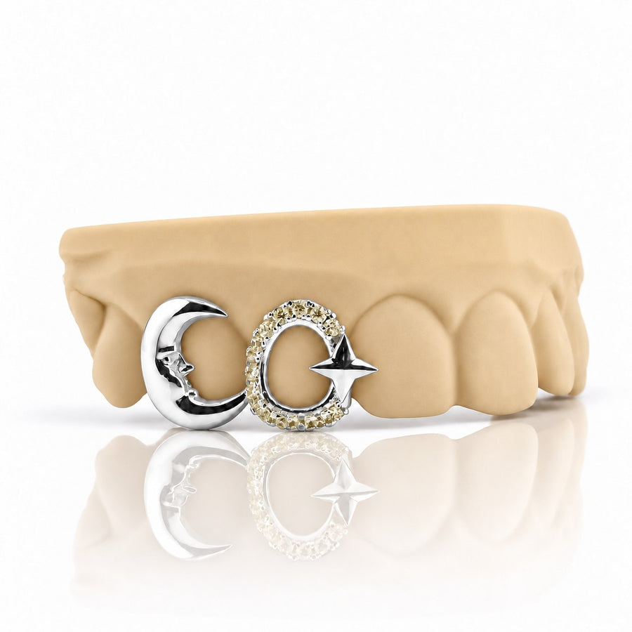 Custom 2pc top grillz with crescent moon and pave open star, white 925 sterling silver - angle 1