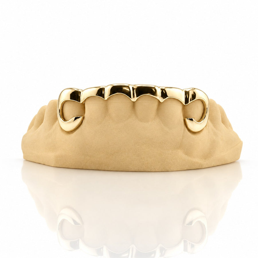 Custom 6pc curved front bar grillz with open face ends, yellow gold plated 925 silver - angle 3
