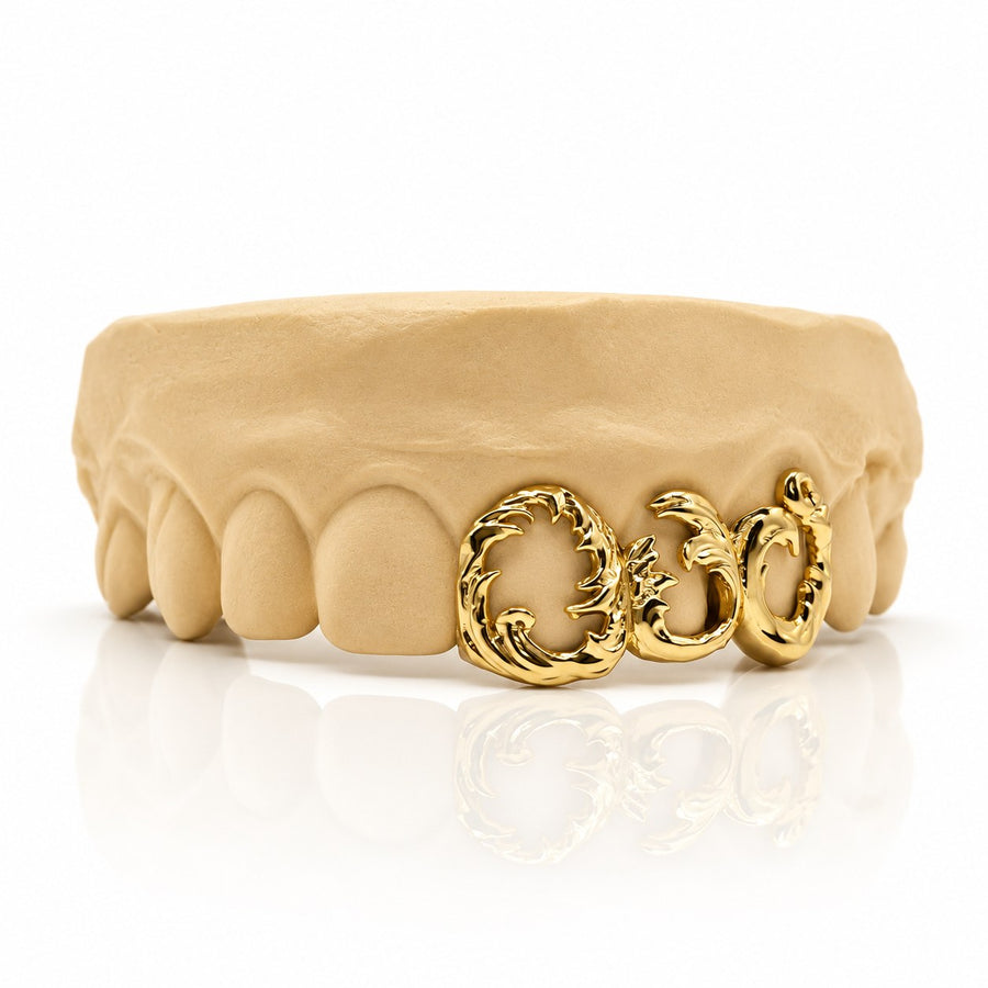 Custom 3pc top open face grillz with ornate scroll engraving, yellow gold plated 925 silver - angle 1