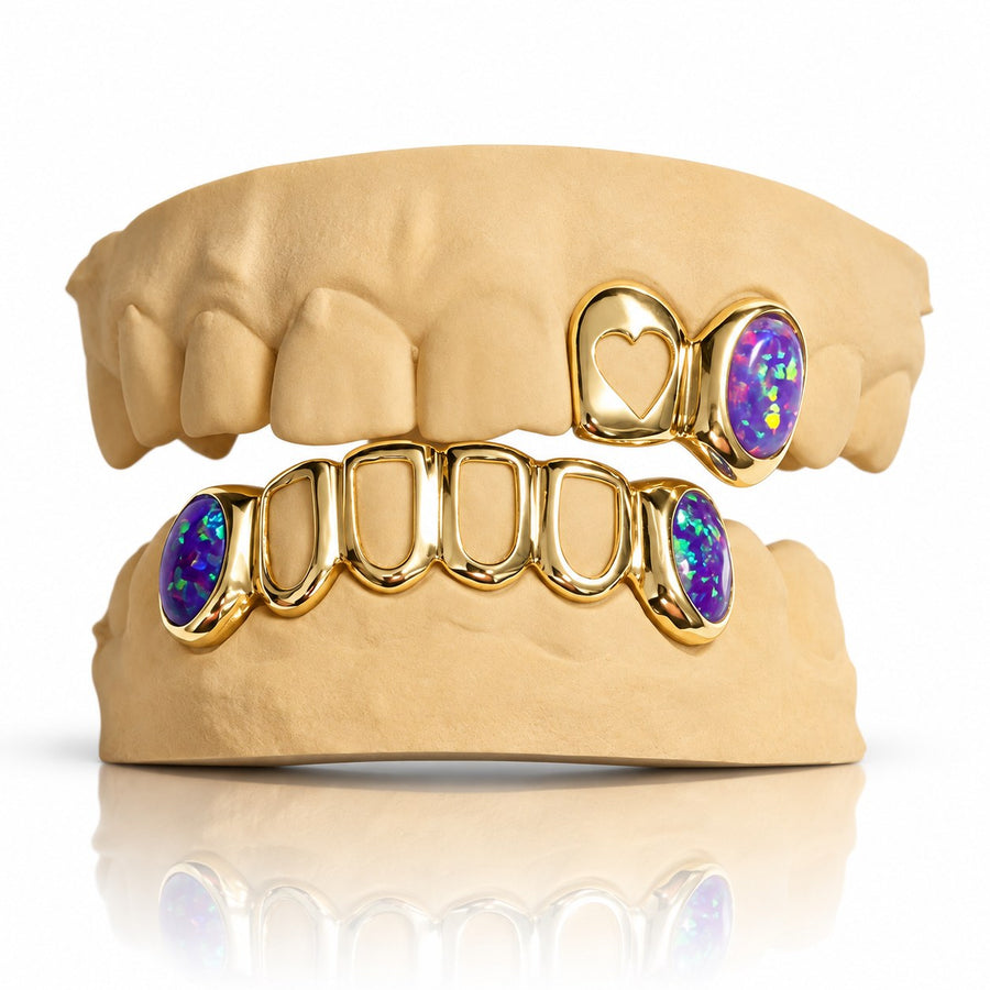Custom top and bottom grillz set with purple opals, open heart and open face, yellow gold plated 925 silver - angle 1