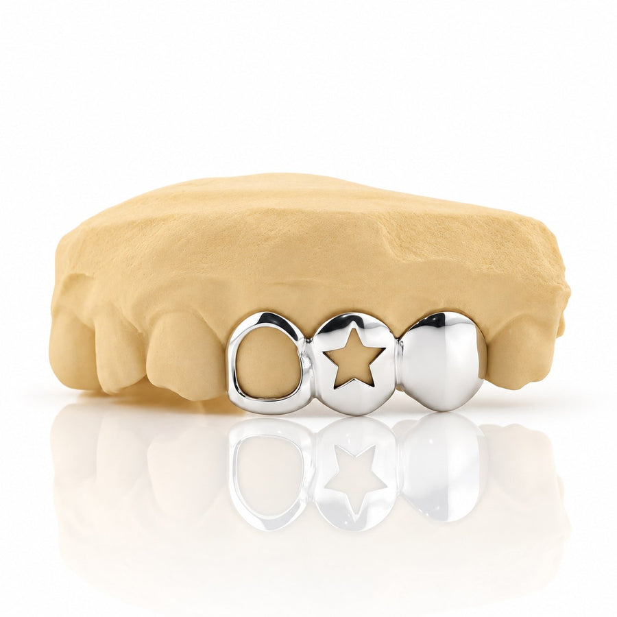 Custom 3pc top grillz with open face, open star cutout and solid cap, white 925 sterling silver - angle 2
