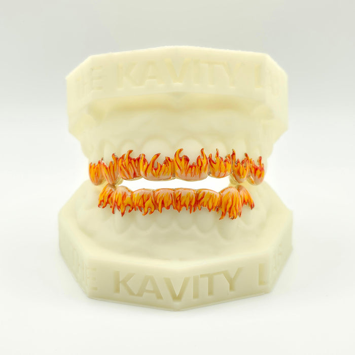 Custom 3D Flame Hand-Painted Fire Enamel Grillz: 925 Sterling Silver (Free Mold Kit)