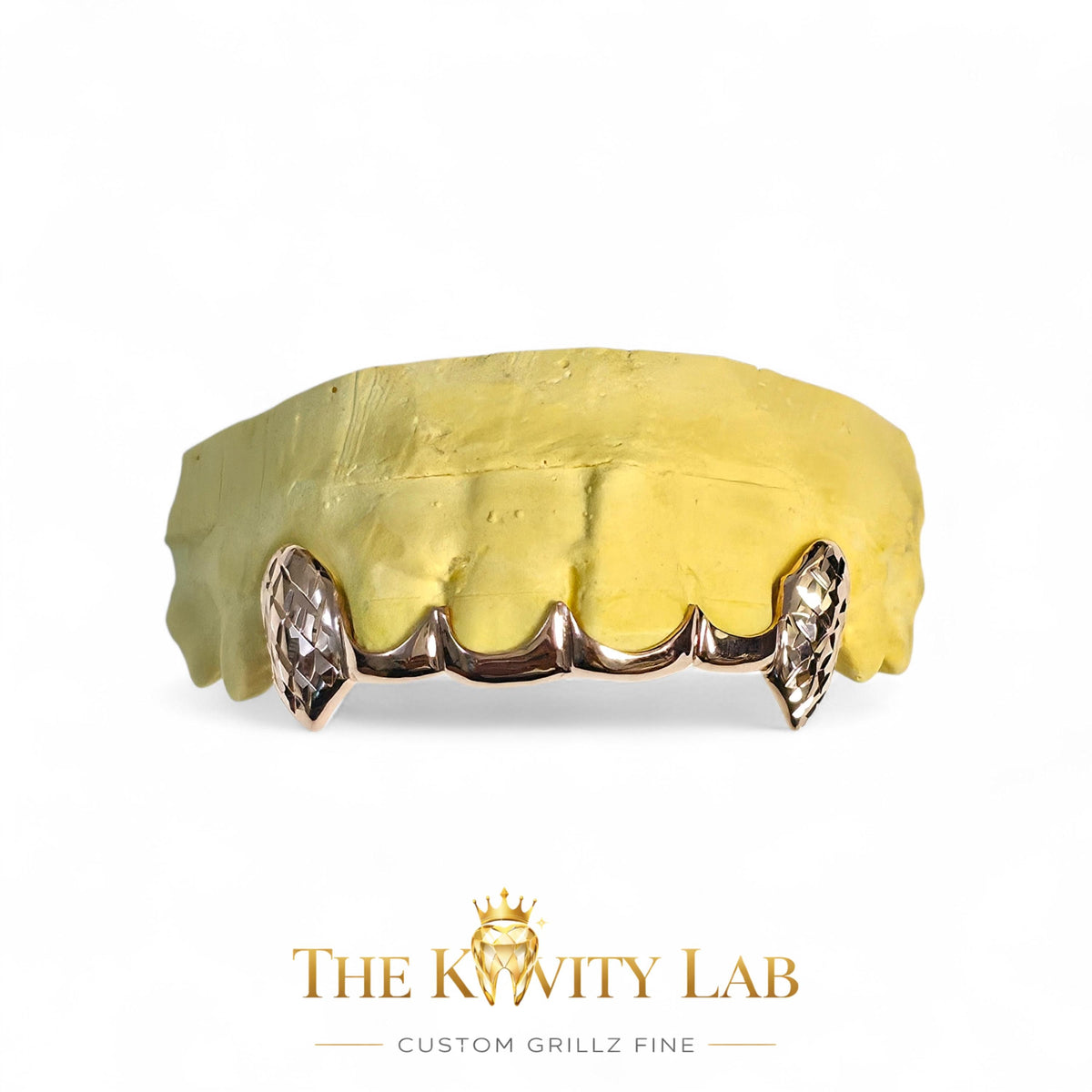 Custom 6pc Curved Front Bar x Diamond Cut on Extended Fangs Grillz: 925 Sterling Silver Rose Gold PLATED (Free Mold Kit)