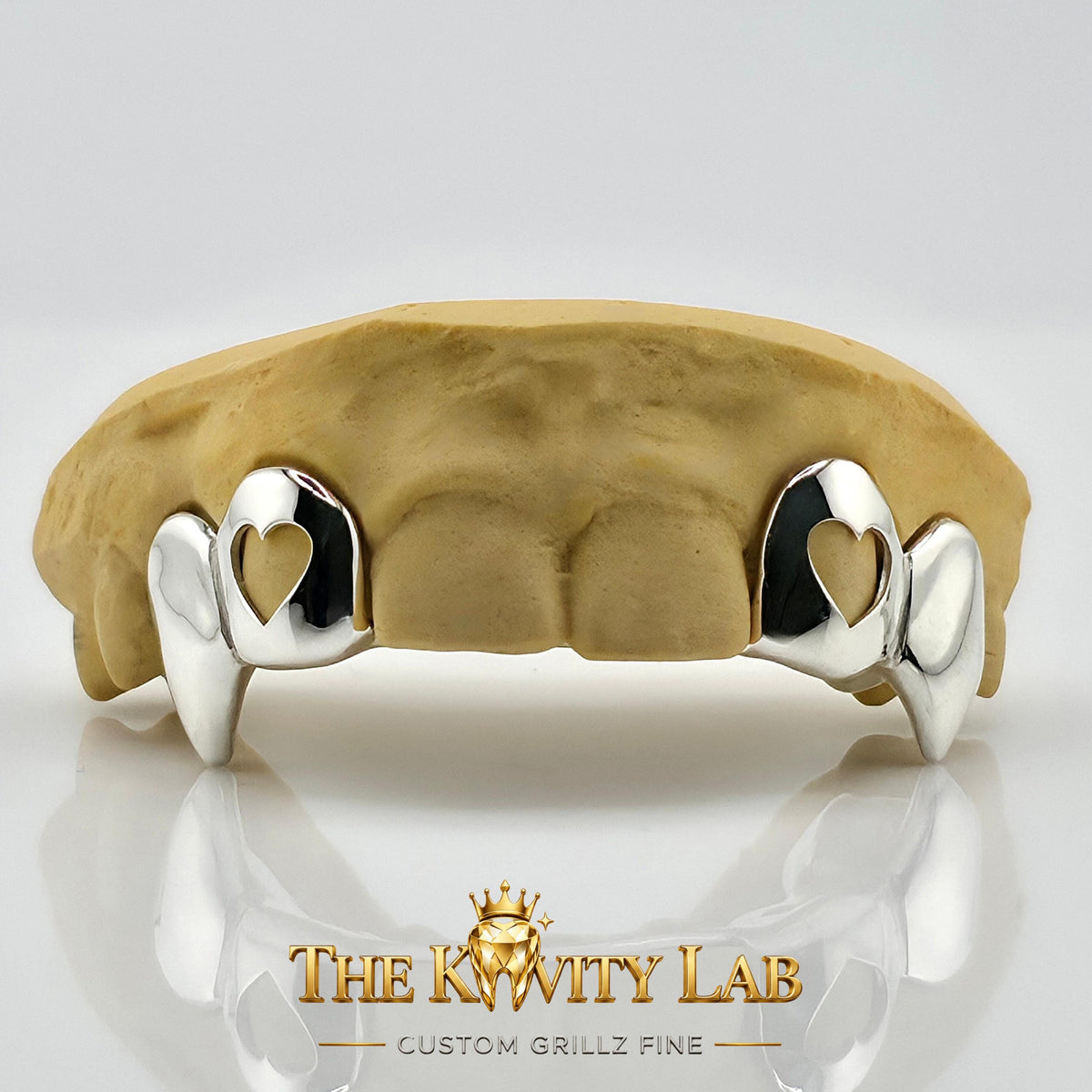 Custom 4pcs Open Hearts and Extended Fangs Grillz: 925 Sterling Silver (Free Mold Kit)