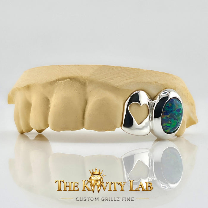 Custom 2pcs Open Heart x Opal Stone Grillz: 925 Sterling Silver (Free Mold Kit)