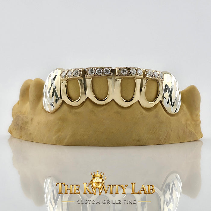 Custom 6pcs Iced Out Front Bar x Diamond Cuts Grillz: 925 Sterling Silver (Free Mold Kit)