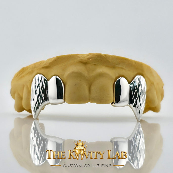 Custom 4pcs Diamond Cuts and Extended Fangs Grillz: 925 Sterling Silver (Free Mold Kit)