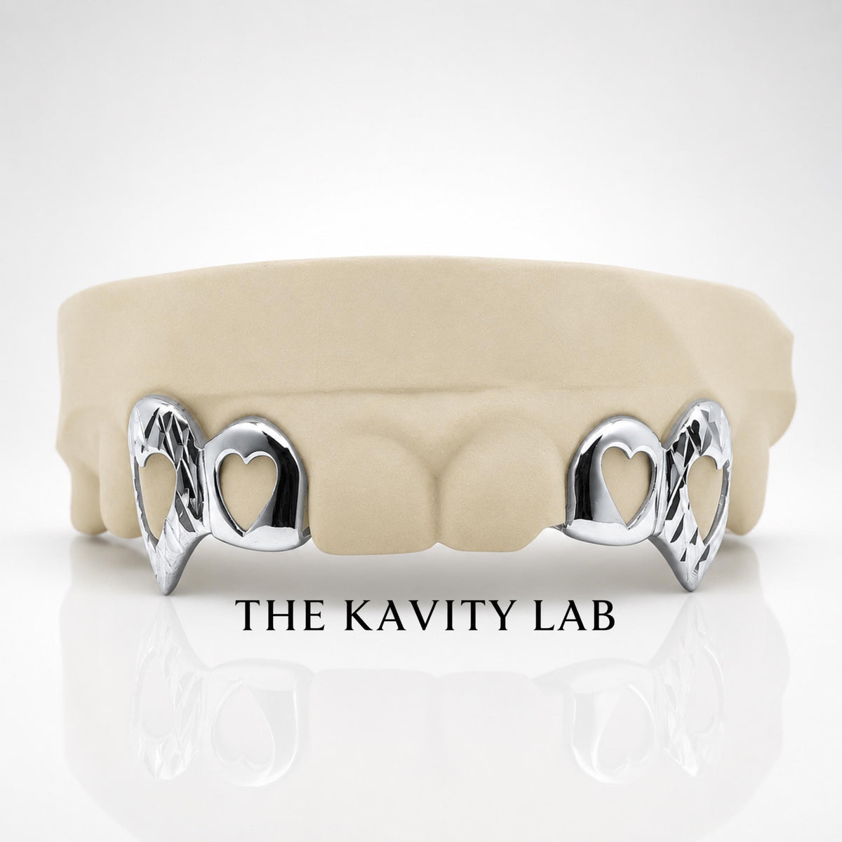 Custom 4pc Open Hearts x Diamond Cuts Fangs Grillz: 925 Sterling Silver (Free Mold Kit)