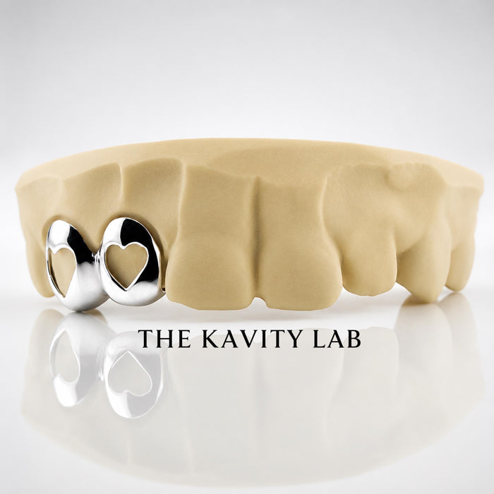 Custom 2pcs Double Open Hearts Grillz: 925 Sterling Silver (Free Mold Kit)
