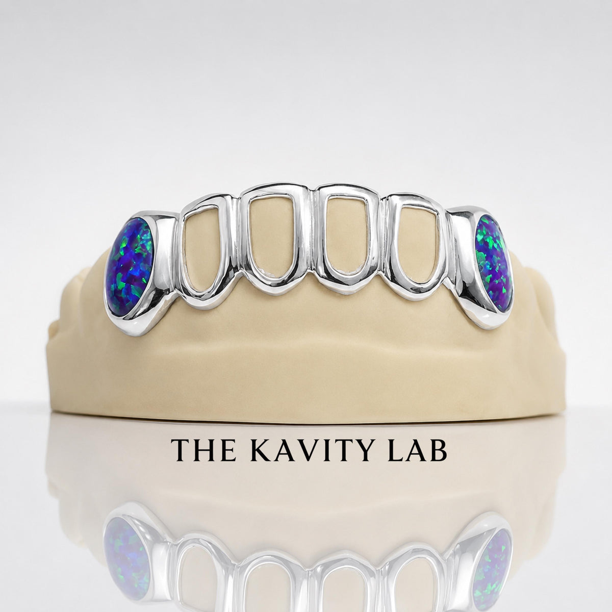 Custom 6pc Open Face with Opals on Fangs Grillz: 925 Sterling Silver (Free Mold Kit)