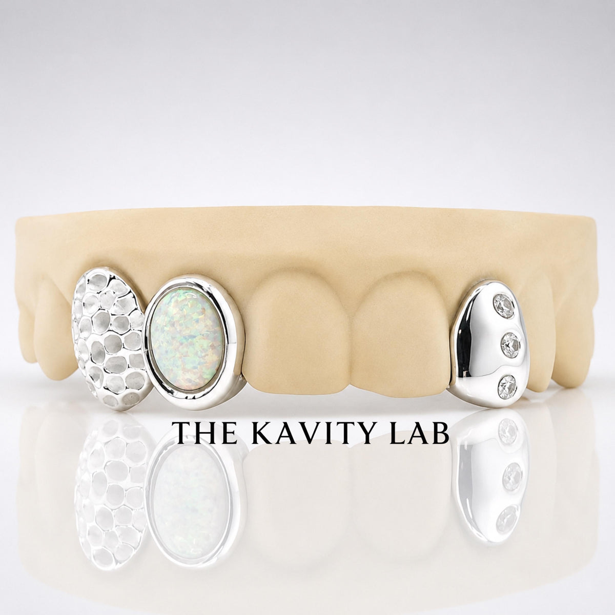Custom 3pcs Opal Stone, Moissanite & Hammered Grillz: 925 Sterling Silver (Free Mold Kit)