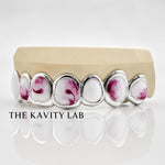 Custom 8pcs Red and White Marble Enamel Grillz: 925 Sterling Silver (Free Mold Kit)