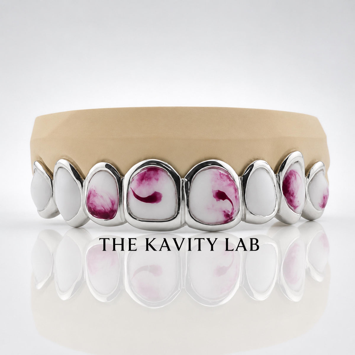 Custom 8pcs Red and White Marble Enamel Grillz: 925 Sterling Silver (Free Mold Kit)