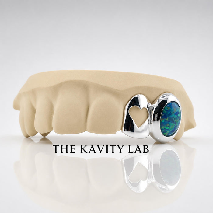 Custom 2pcs Open Heart x Opal Stone Grillz: 925 Sterling Silver (Free Mold Kit)