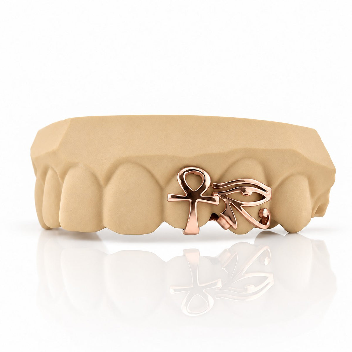 Custom 2pc top grillz with ankh and eye of horus, rose gold plated 925 silver - angle 1
