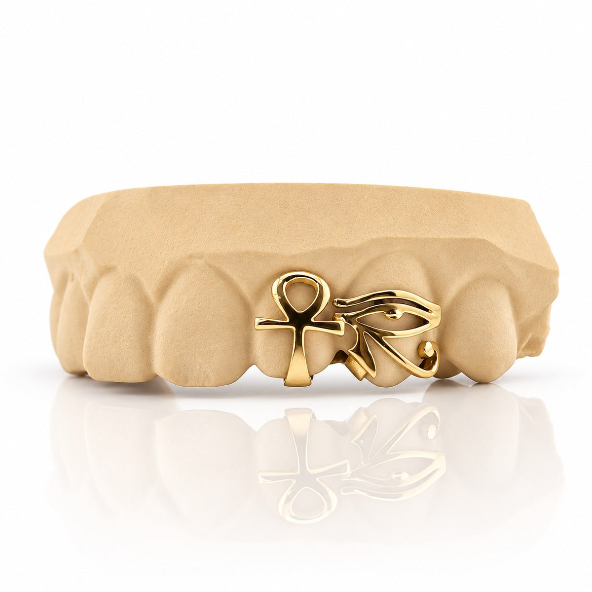 Custom 2pc top grillz with ankh and eye of horus, yellow gold plated 925 silver - angle 2