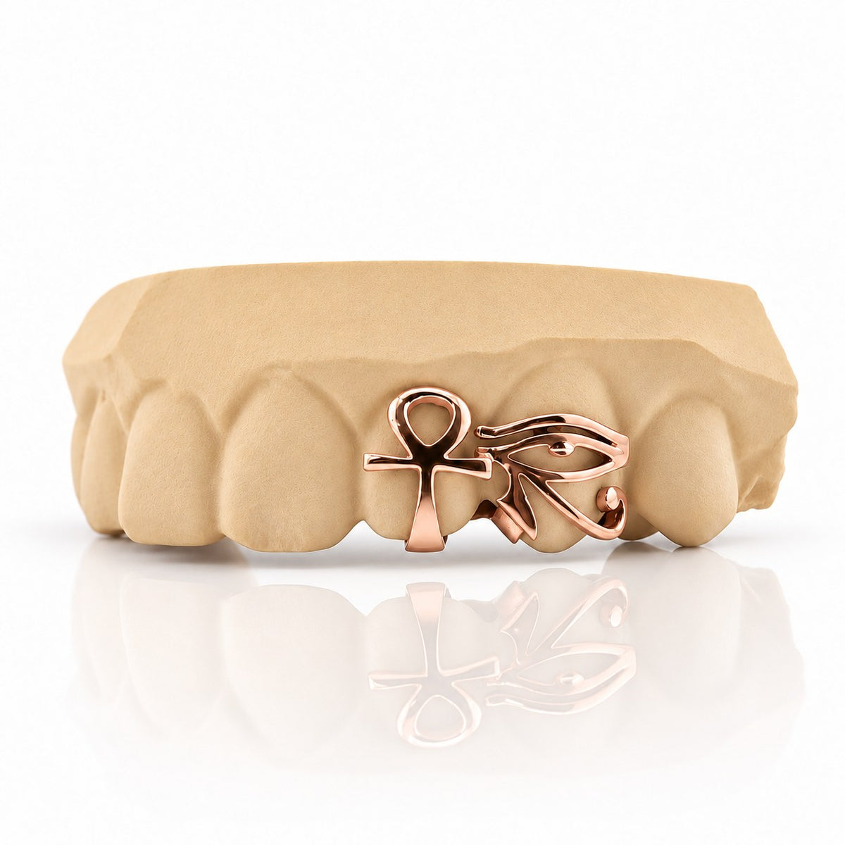 Custom 2pc top grillz with ankh and eye of horus, rose gold plated 925 silver - angle 2