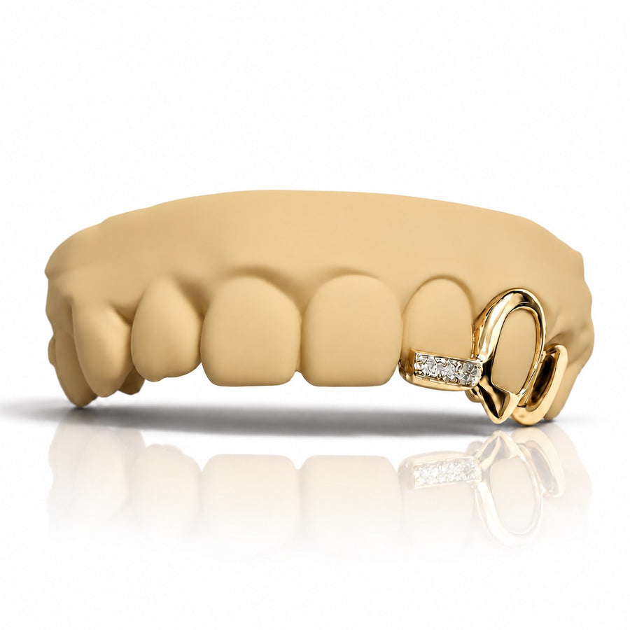 Custom grillz with open face fang and moissanite textured band, yellow gold plated 925 silver - angle 1