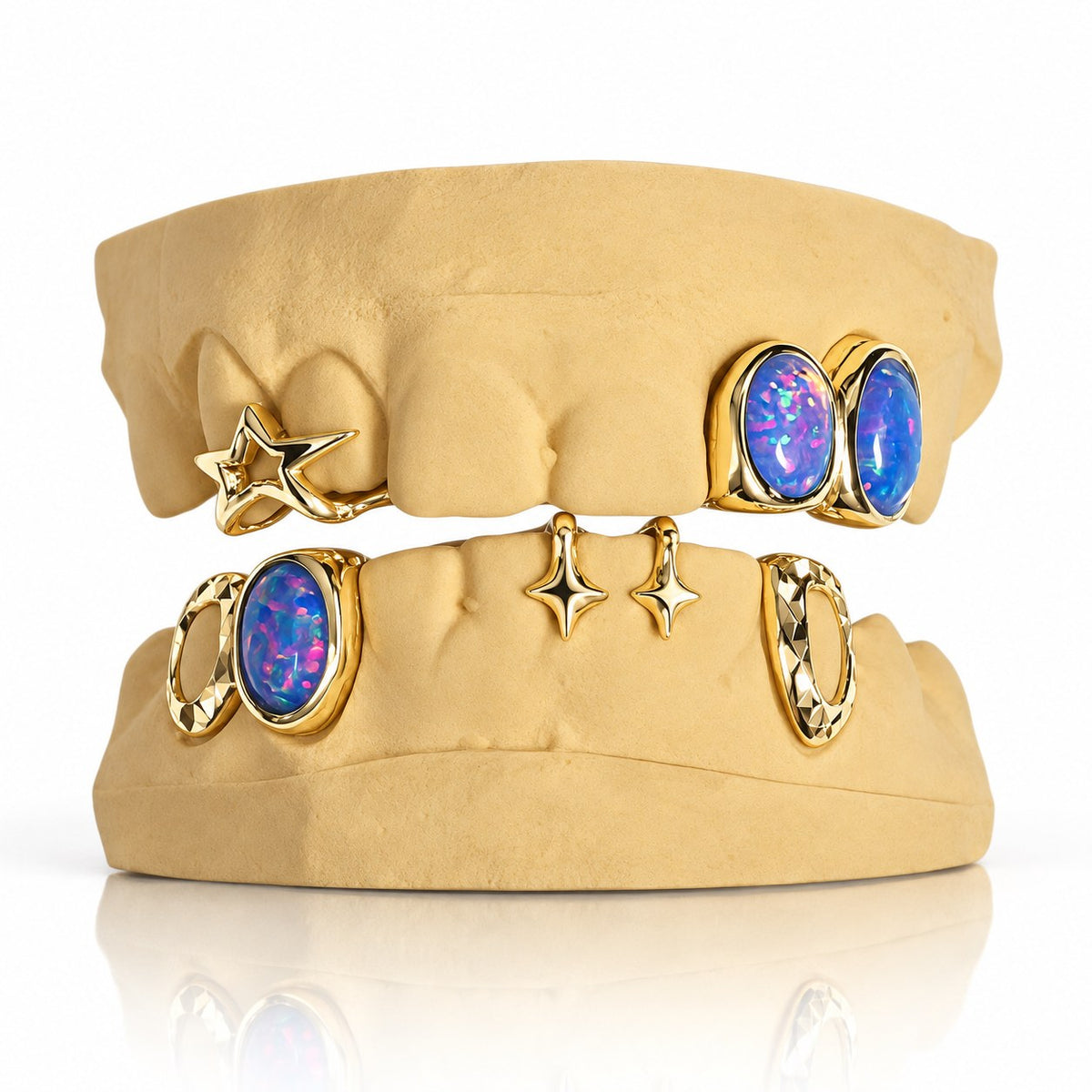 Custom top and bottom grillz set with blue opals and 3D stars, yellow gold plated 925 silver - angle 1