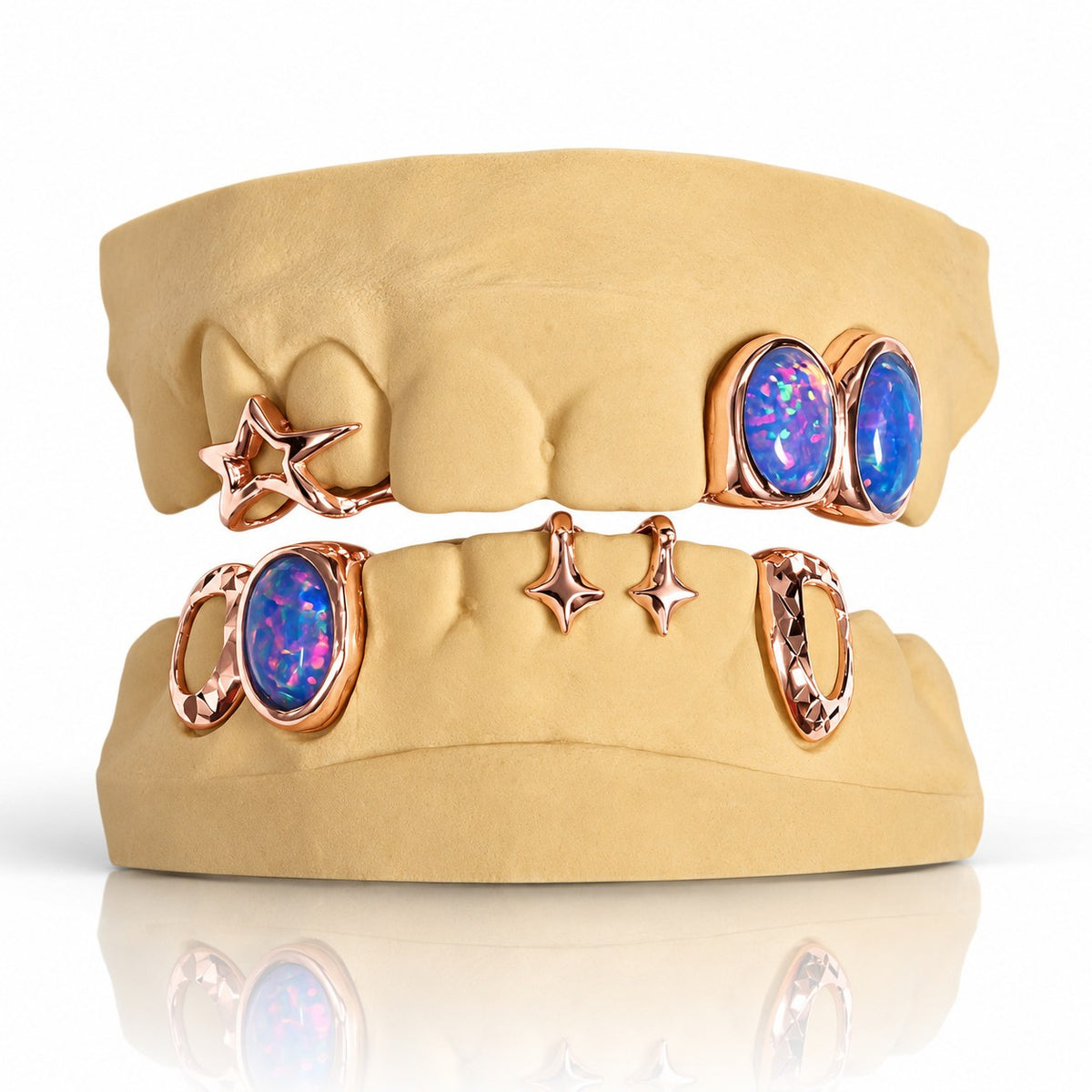 Custom top and bottom grillz set with blue opals and 3D stars, rose gold plated 925 silver - angle 1