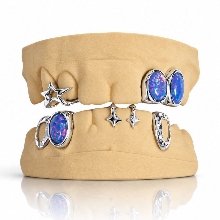 Custom top and bottom grillz set with blue opals and 3D stars, white 925 sterling silver - angle 1