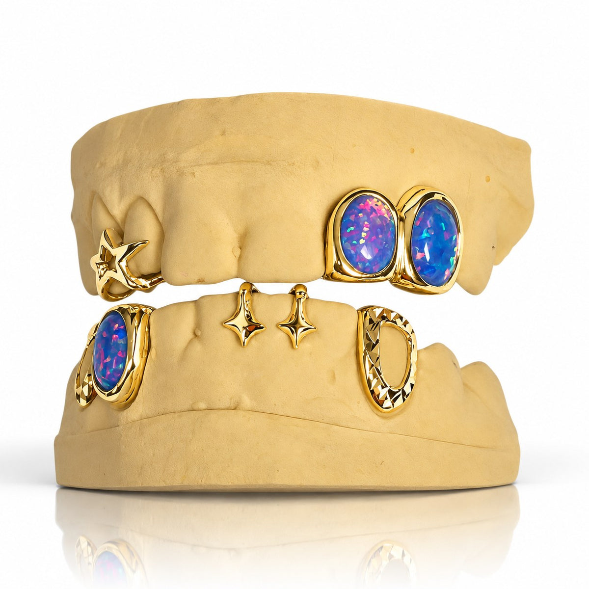 Custom top and bottom grillz set with blue opals and 3D stars, yellow gold plated 925 silver - angle 2