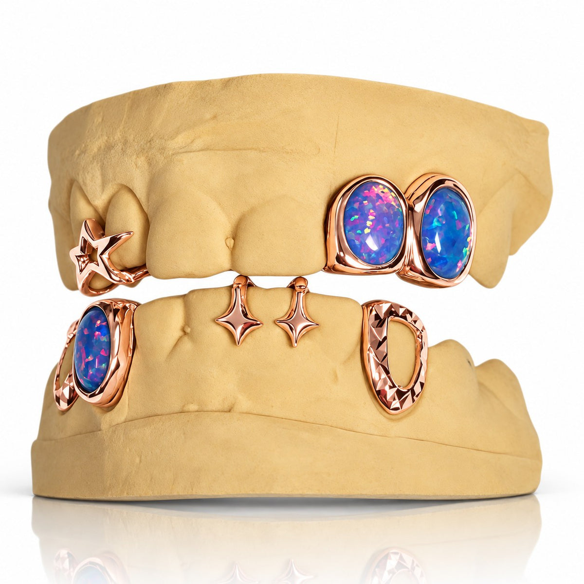 Custom top and bottom grillz set with blue opals and 3D stars, rose gold plated 925 silver - angle 2
