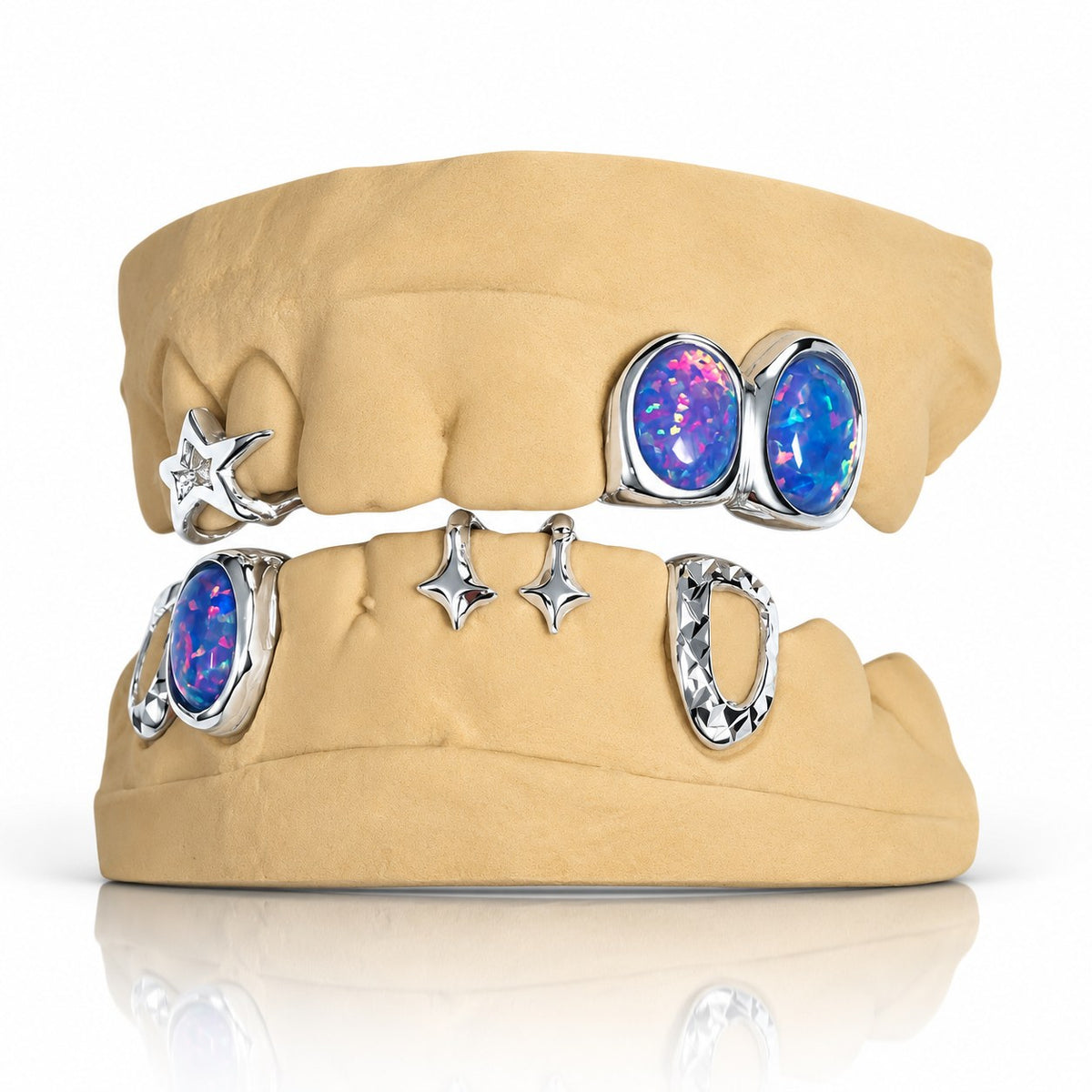 Custom top and bottom grillz set with blue opals and 3D stars, white 925 sterling silver - angle 2