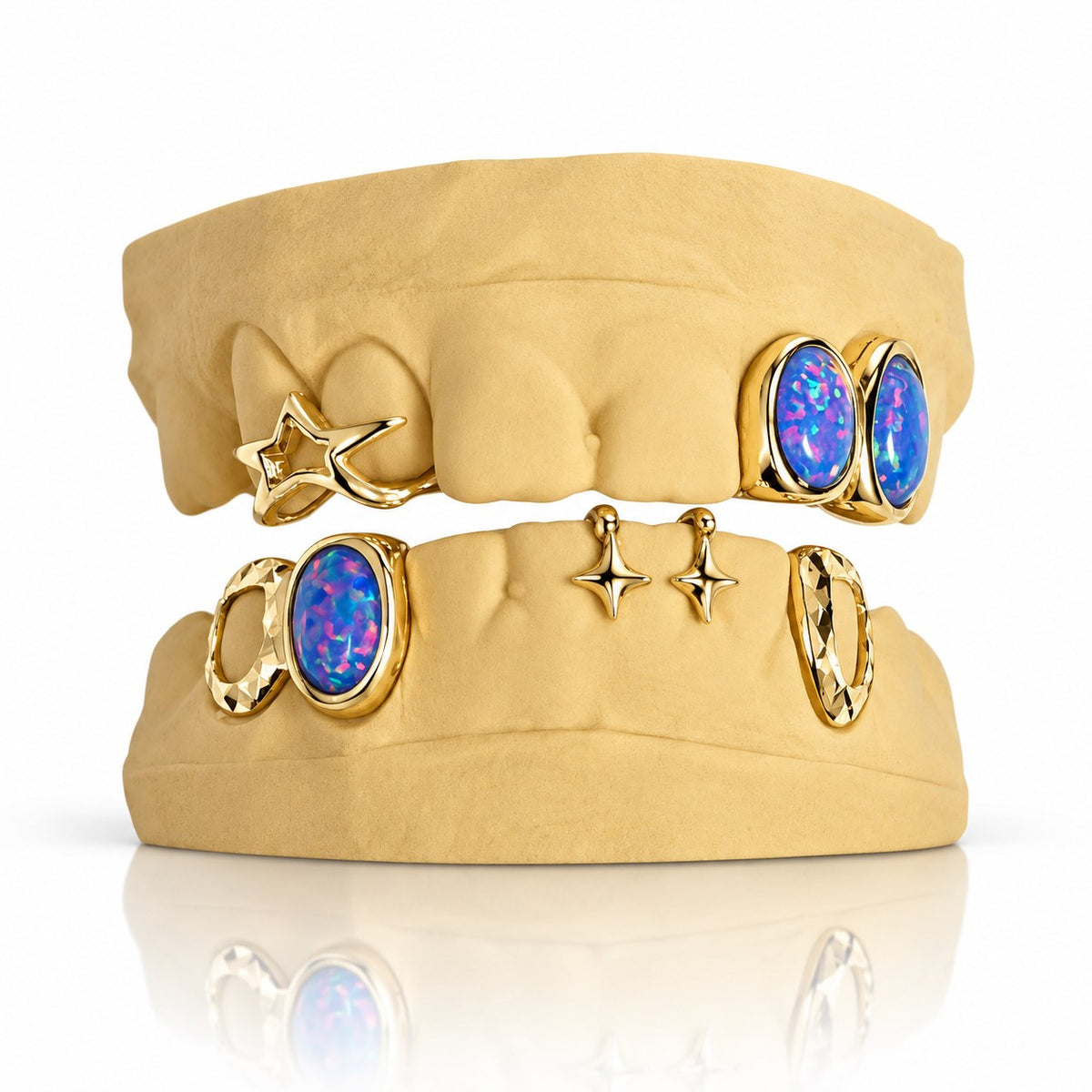 Custom top and bottom grillz set with blue opals and 3D stars, yellow gold plated 925 silver - angle 3