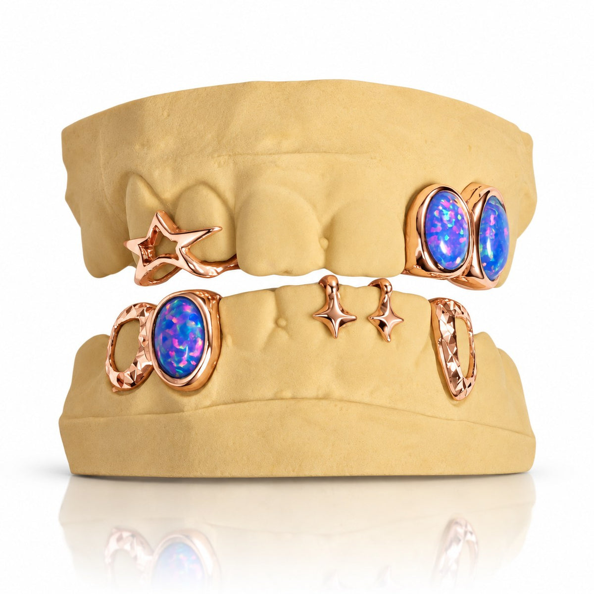 Custom top and bottom grillz set with blue opals and 3D stars, rose gold plated 925 silver - angle 3