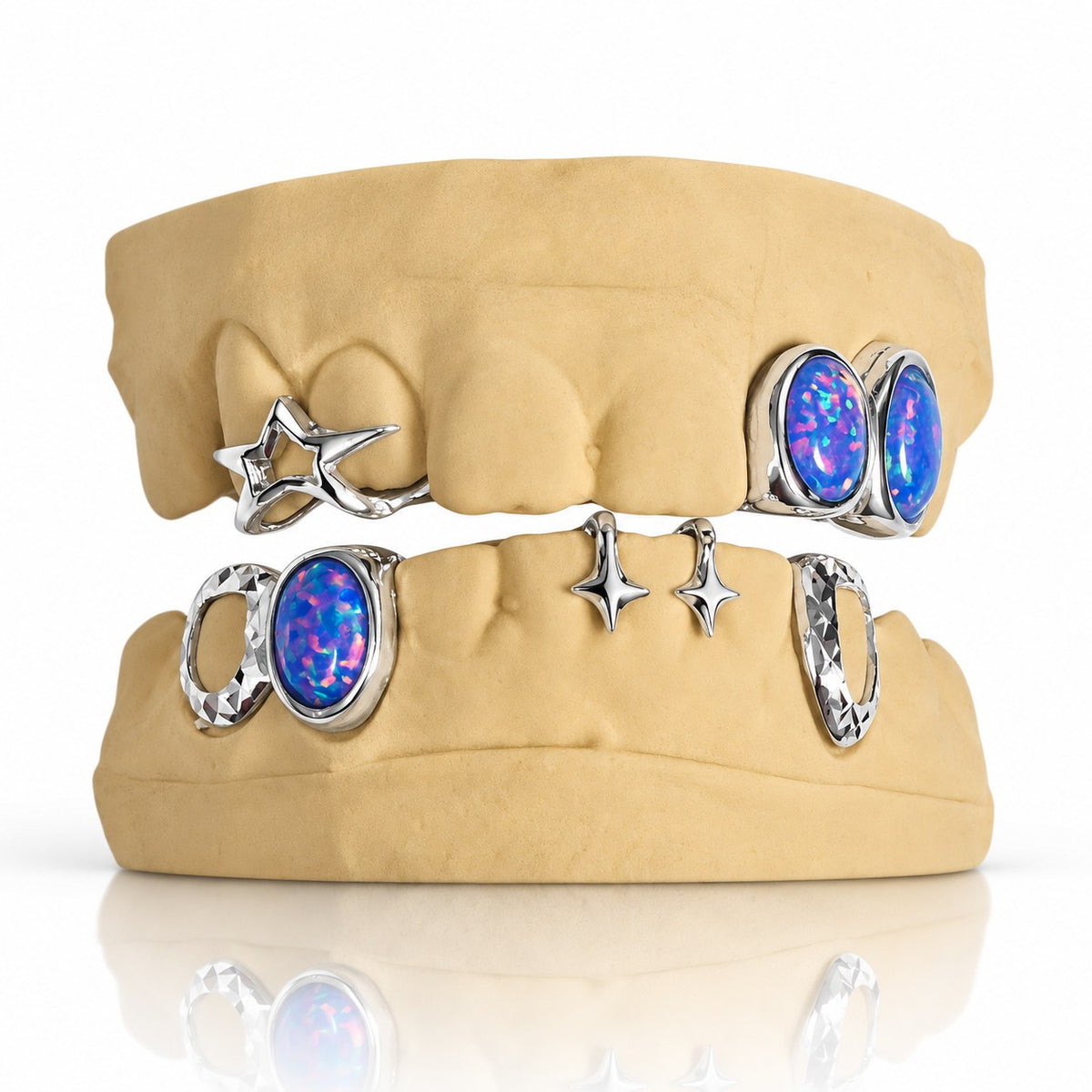 Custom top and bottom grillz set with blue opals and 3D stars, white 925 sterling silver - angle 3