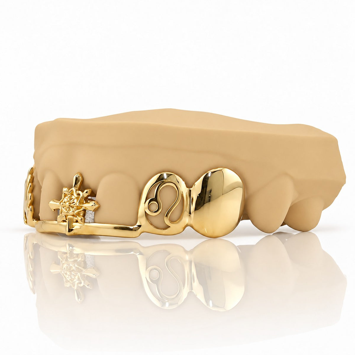 Custom top grillz with compass star, flame and Leo zodiac on a front bar, yellow gold plated 925 silver - angle 1