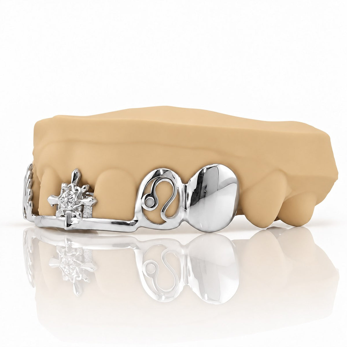 Custom top grillz with compass star, flame and Leo zodiac on a front bar, white 925 sterling silver - angle 1