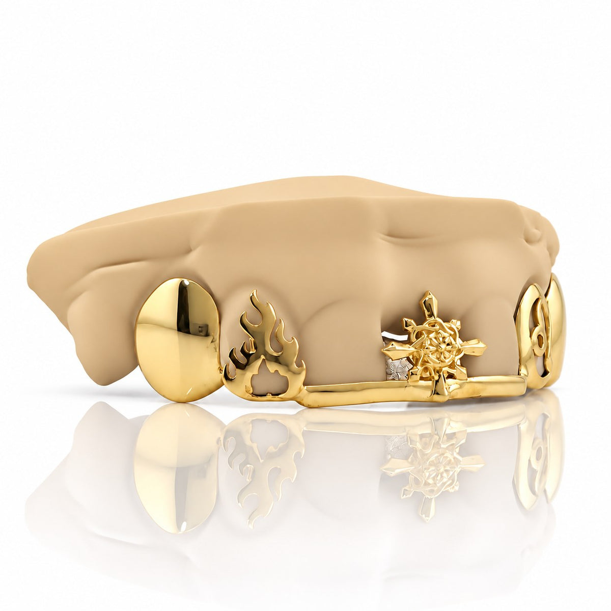 Custom top grillz with compass star, flame and Leo zodiac on a front bar, yellow gold plated 925 silver - angle 2