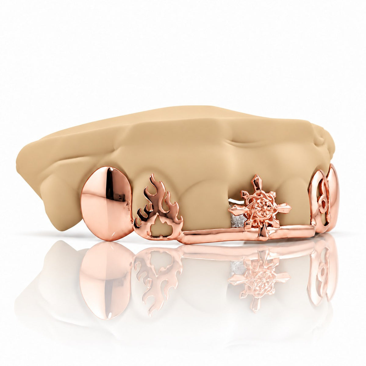 Custom top grillz with compass star, flame and Leo zodiac on a front bar, rose gold plated 925 silver - angle 2