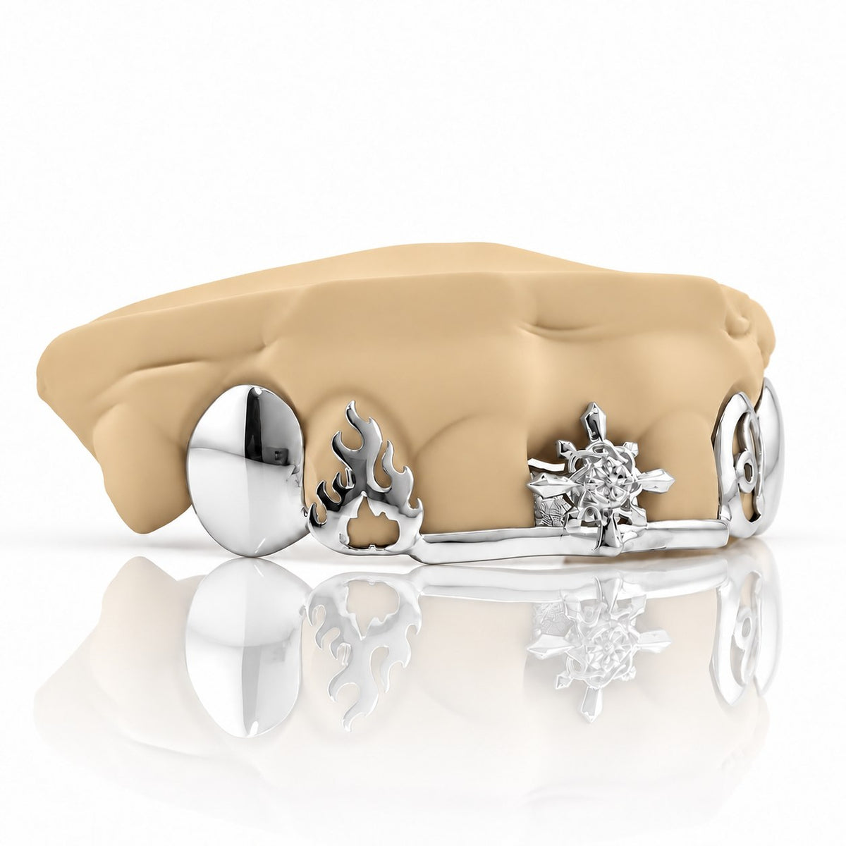 Custom top grillz with compass star, flame and Leo zodiac on a front bar, white 925 sterling silver - angle 2
