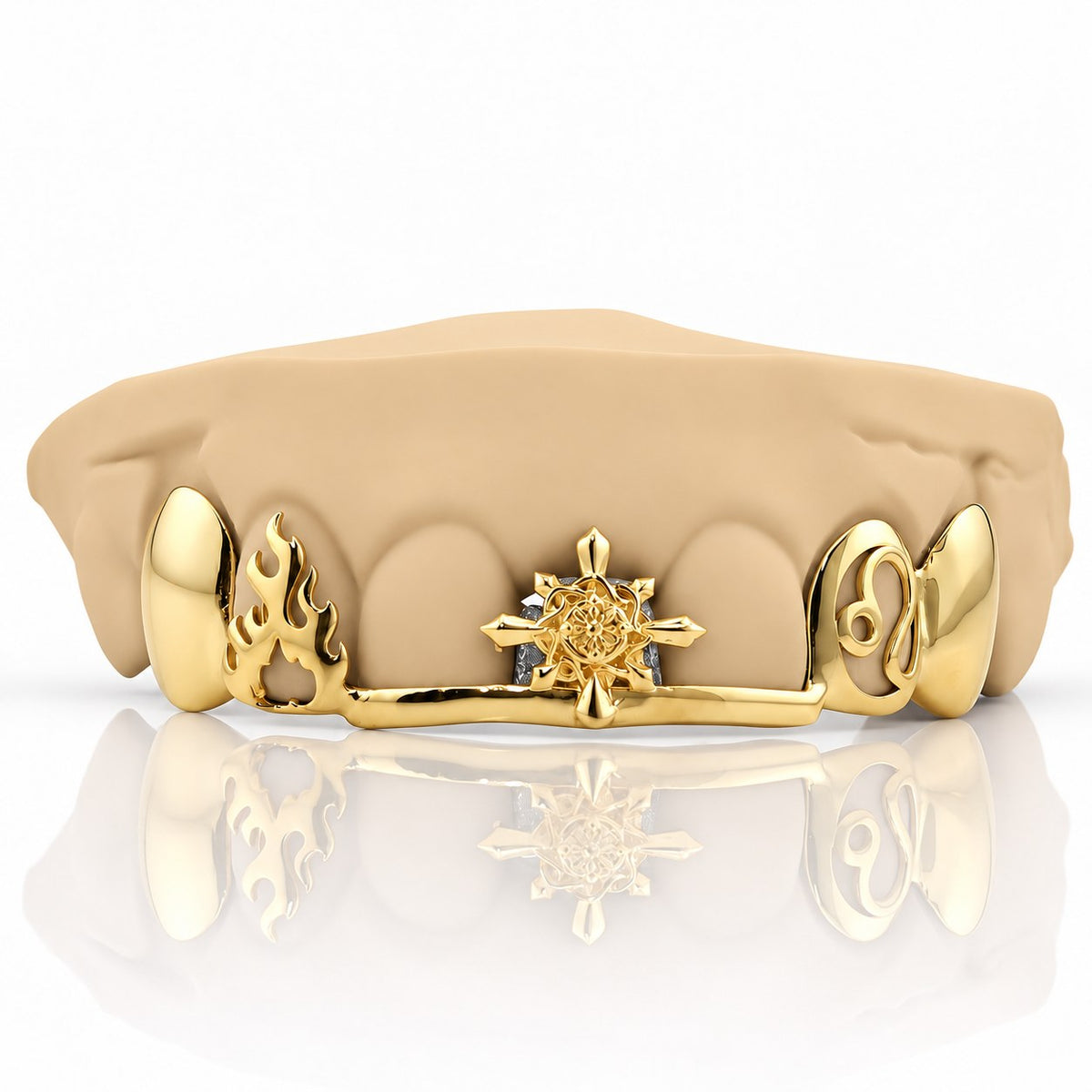 Custom top grillz with compass star, flame and Leo zodiac on a front bar, yellow gold plated 925 silver - angle 3